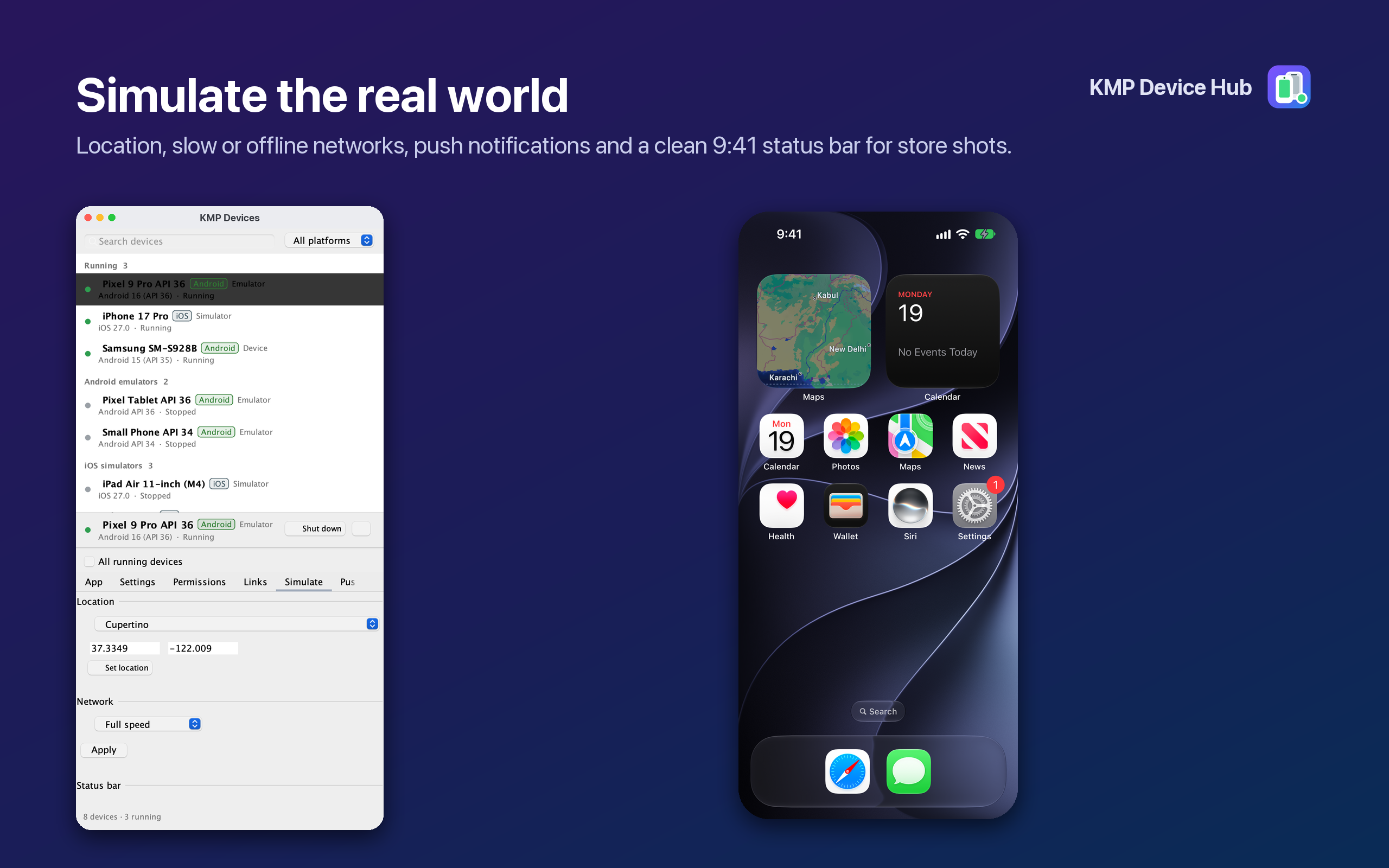 Simulate tab next to an iPhone home screen with a 9:41 status bar