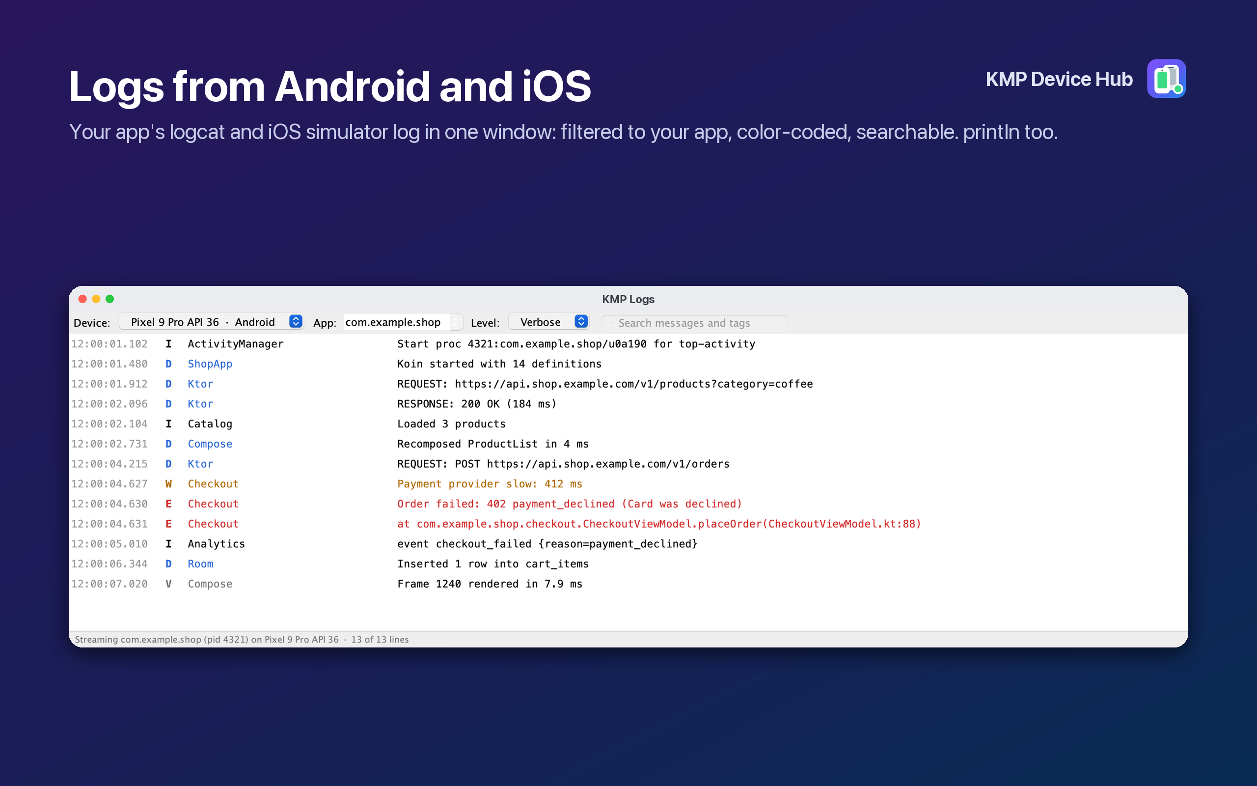KMP Logs streaming an Android app's logcat