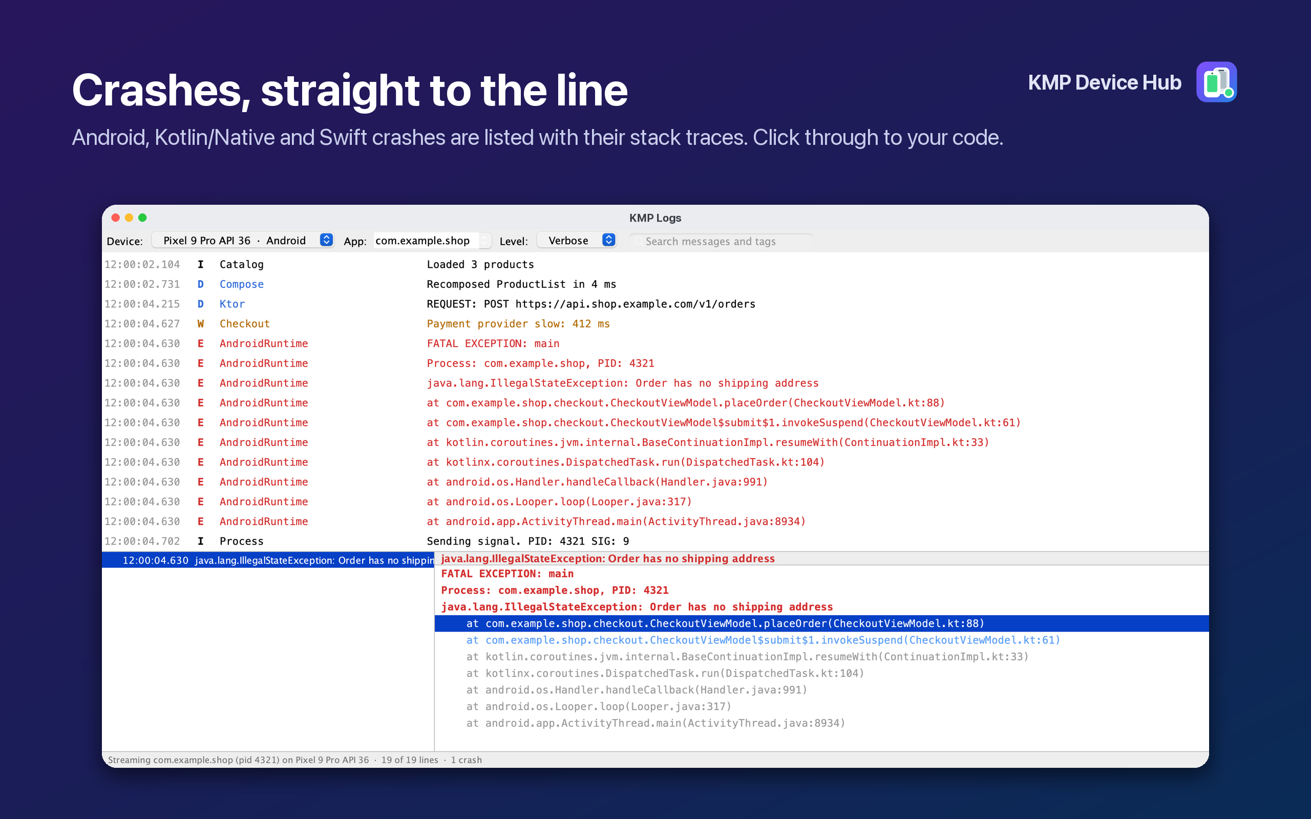 KMP Logs with an Android crash and its stack trace linked to the source
