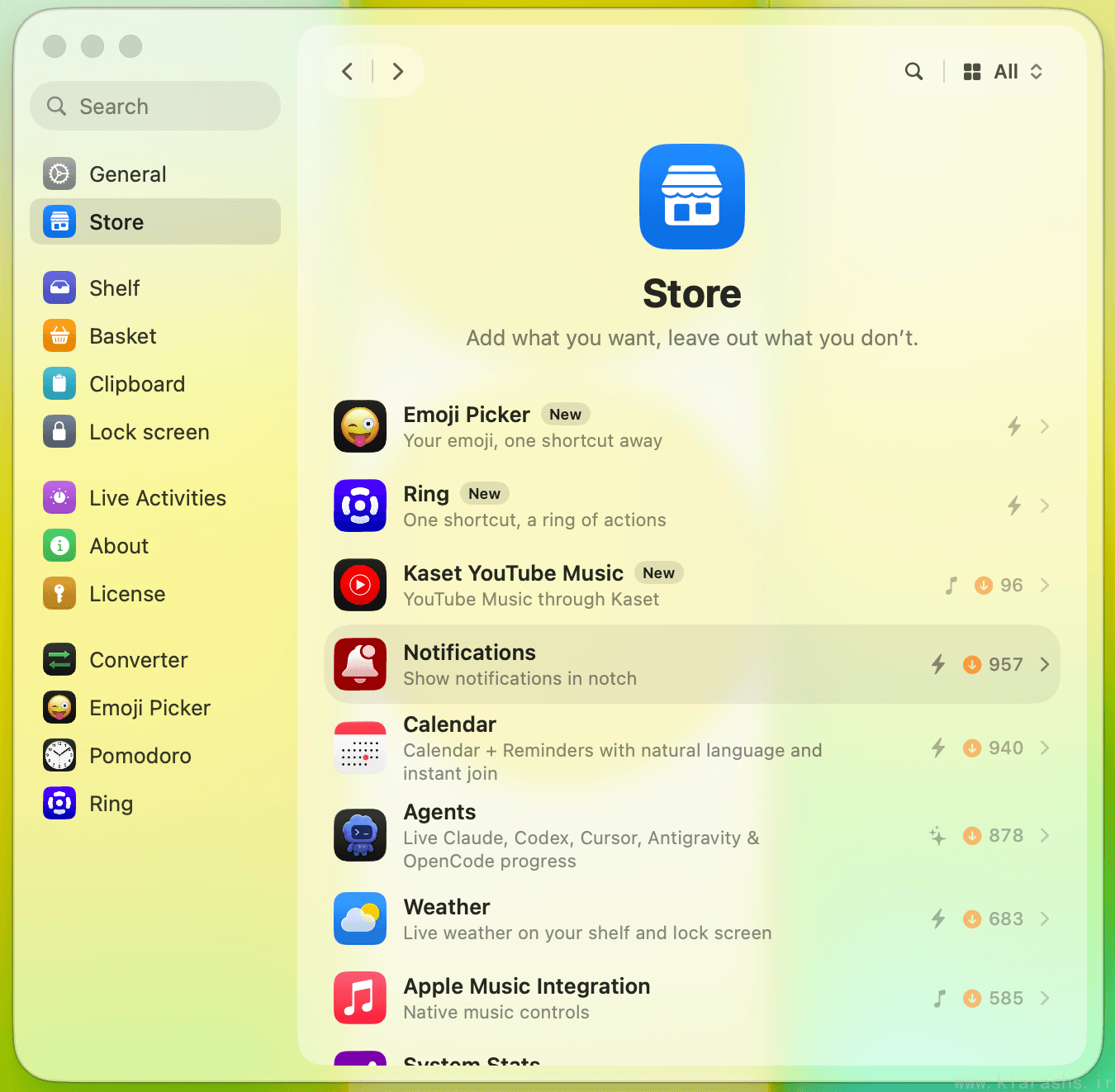 Droppy's Droplets settings with Ring, OCR and Pomodoro enabled