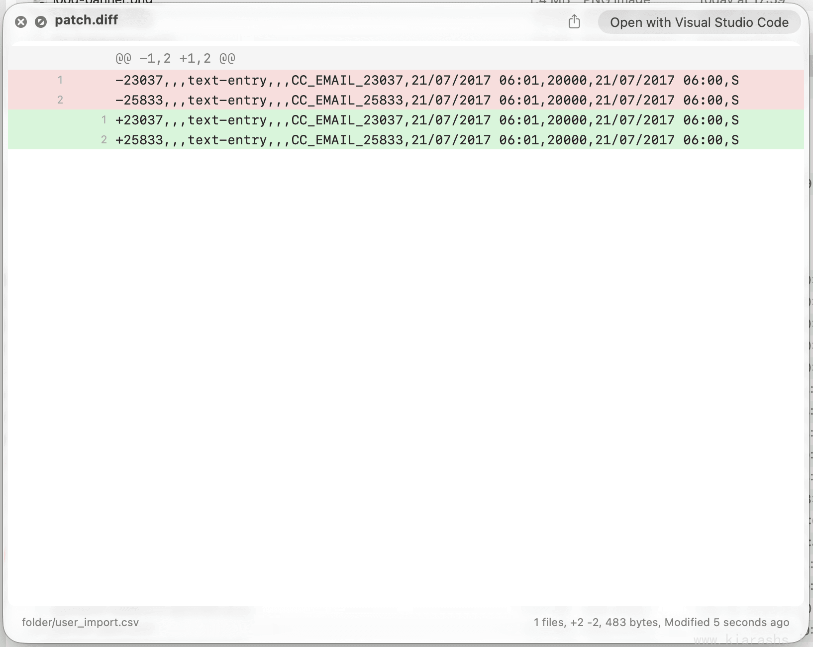 Looq rendering a diff with paired line numbers