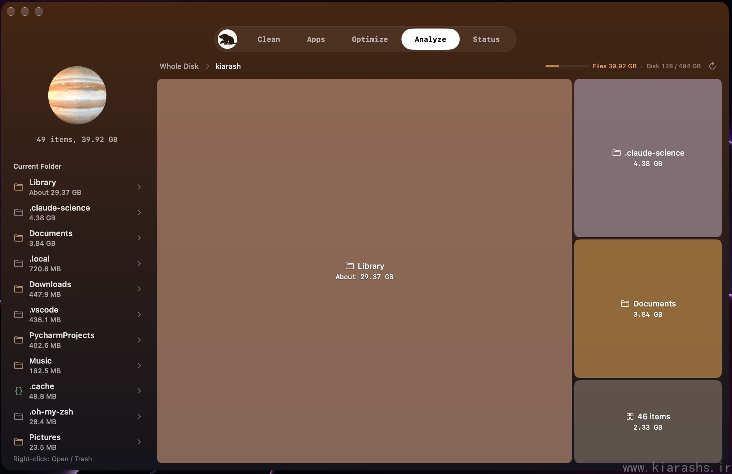 Mole's Analyze tab showing a treemap of disk usage with a path bar