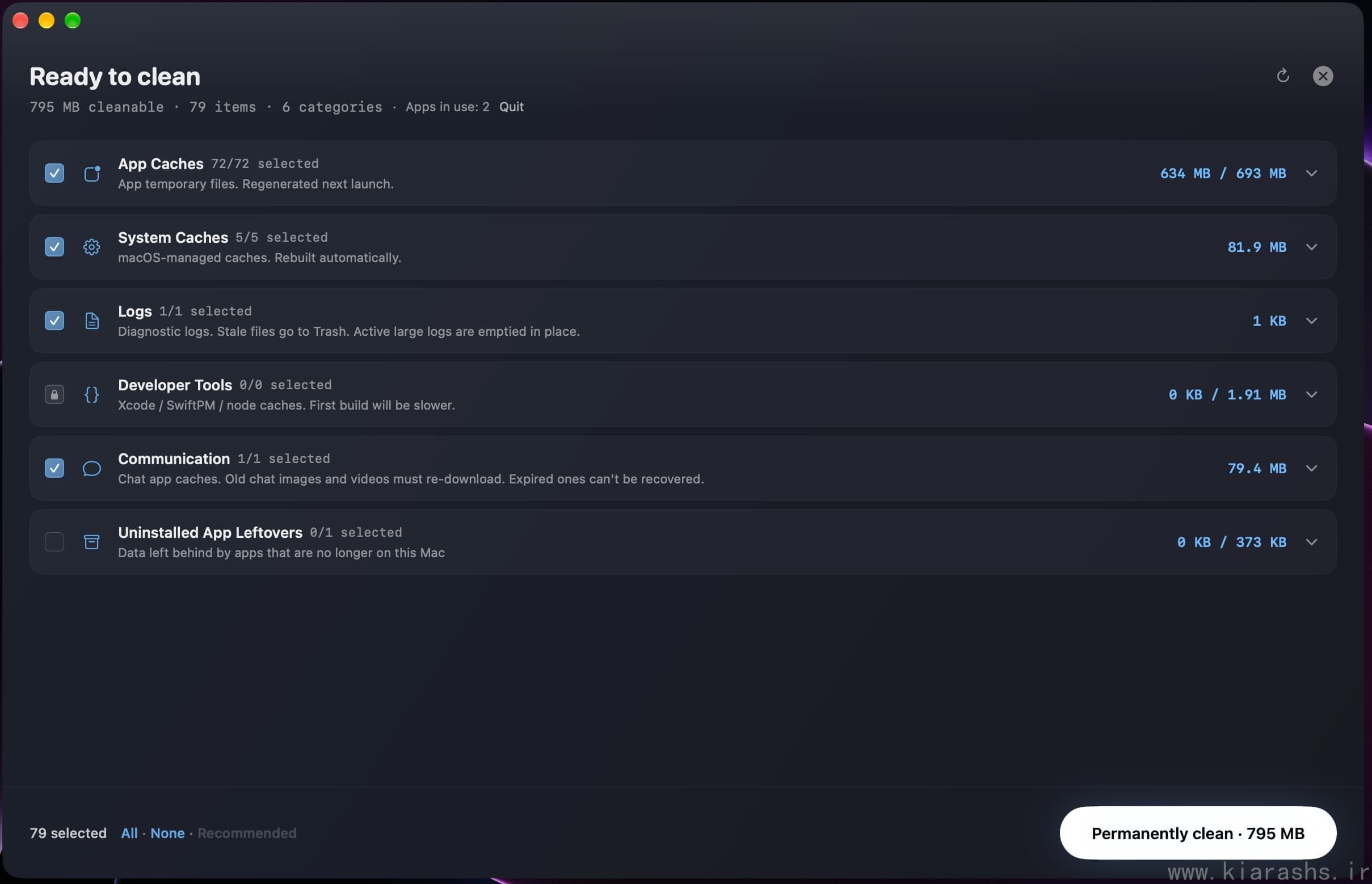 Mole's Clean tab listing cache categories with sizes before anything is removed