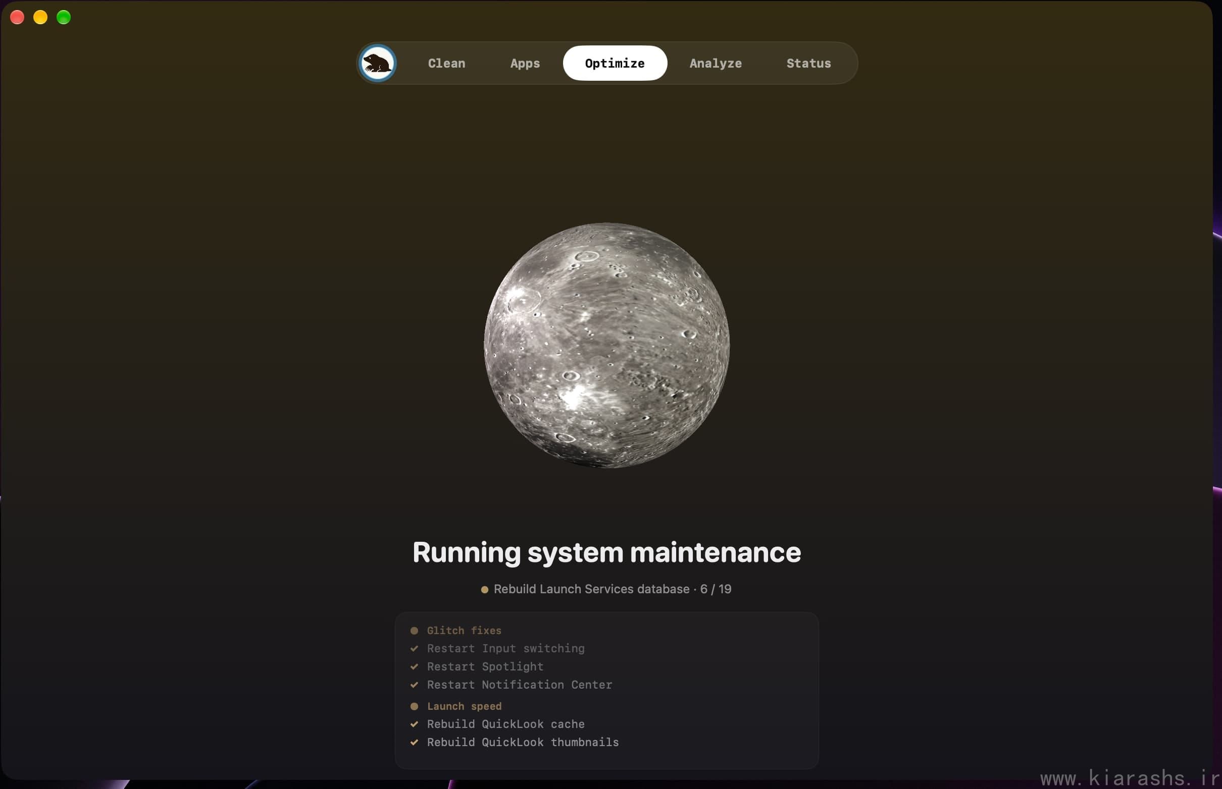 Mole's Optimize tab showing repair and maintenance tasks with their results