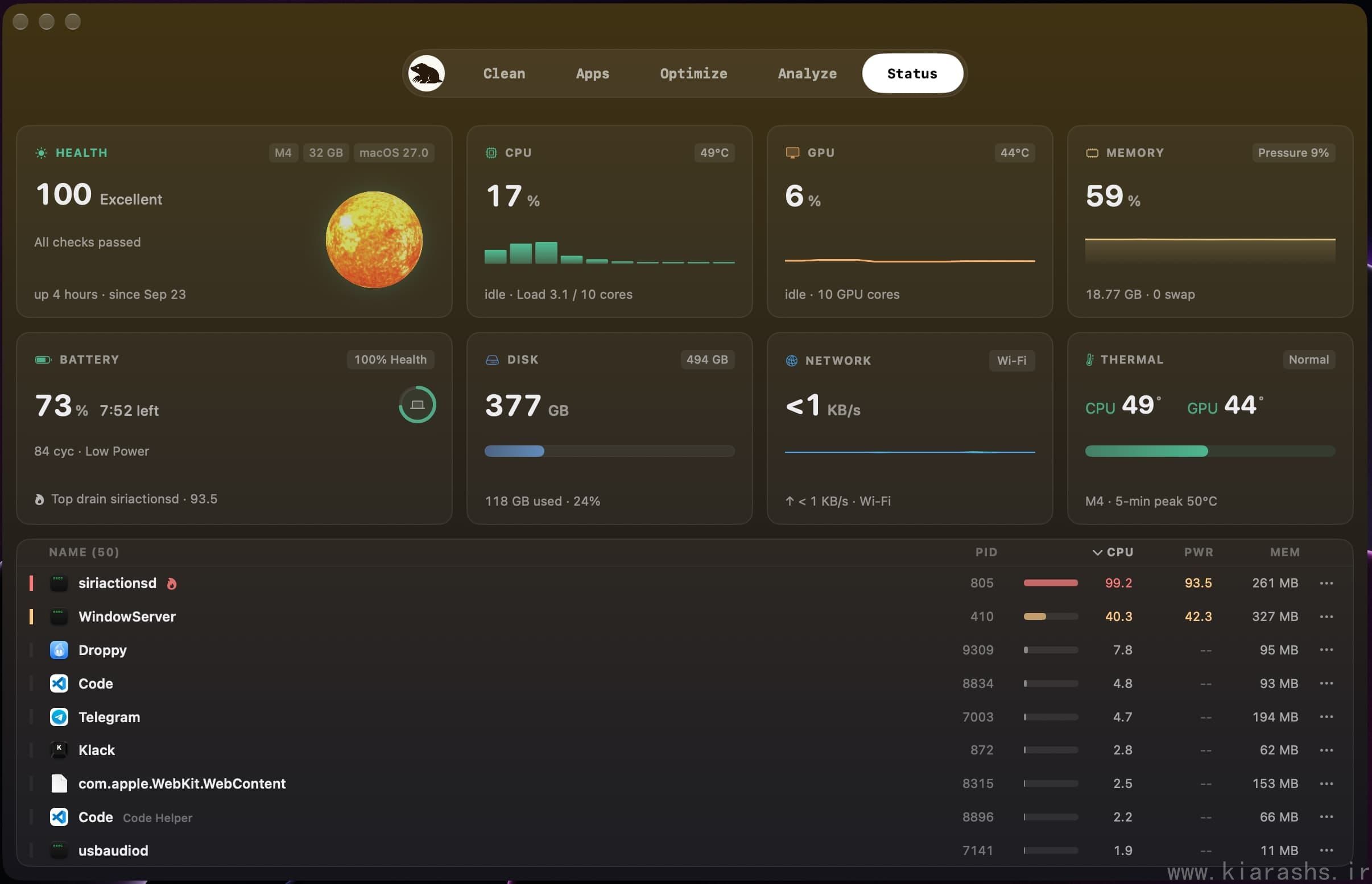 Mole's Status dashboard with CPU, memory, GPU, disk, network, battery and process metrics