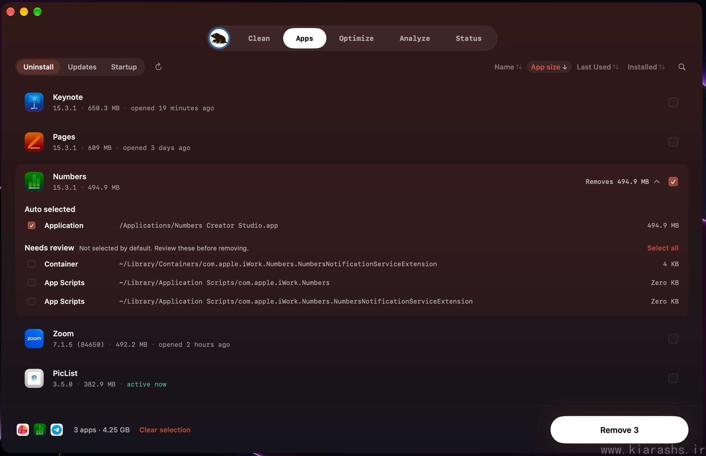 Mole's Software tab with installed apps, available updates and startup items