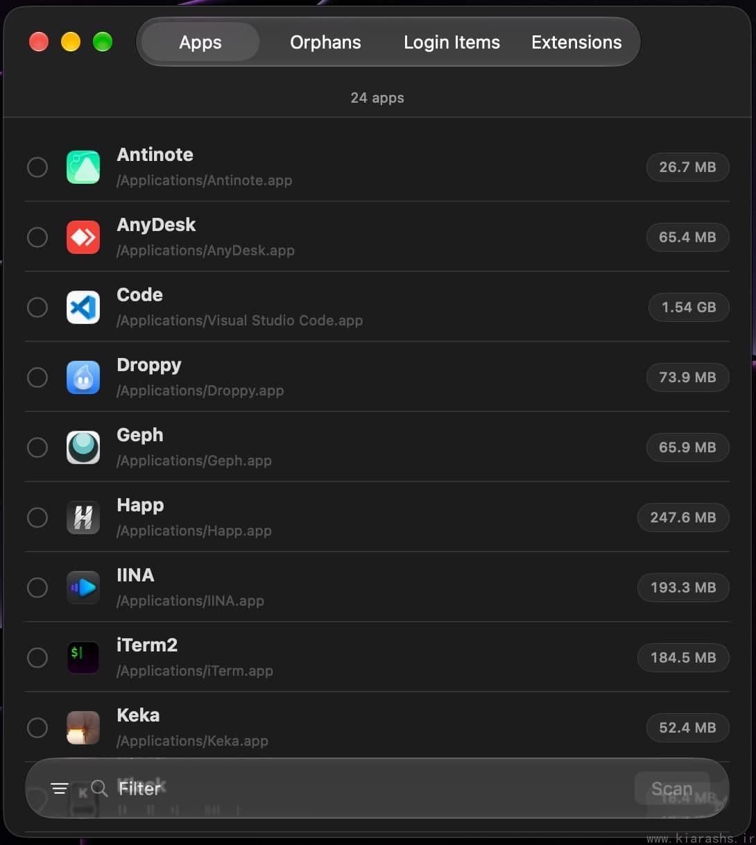 Sweeper's Apps view showing installed applications and their sizes