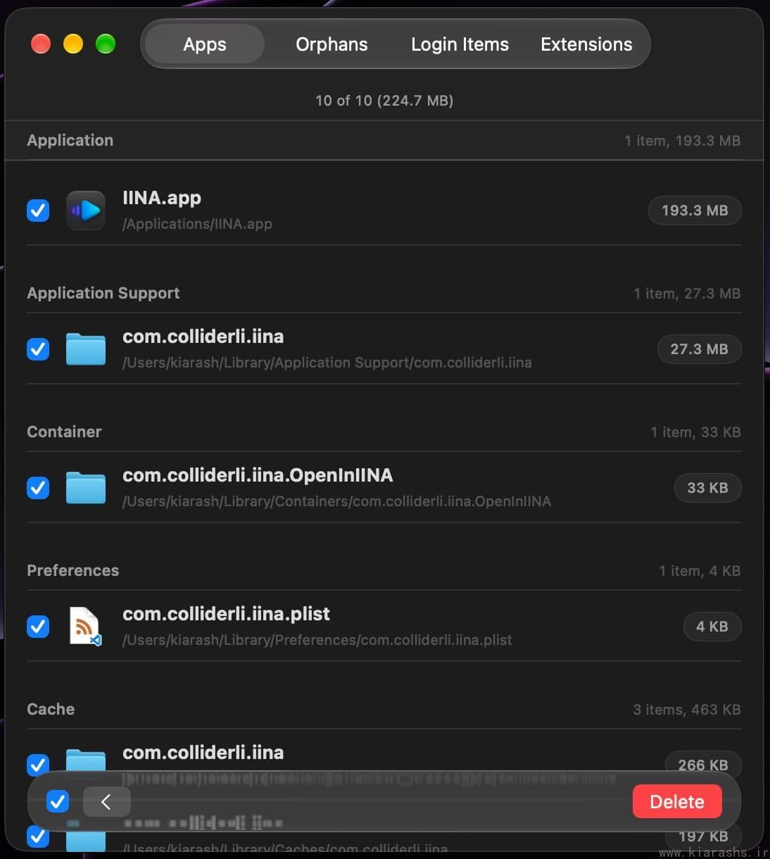 Sweeper review screen showing an application, support files, preferences, and caches