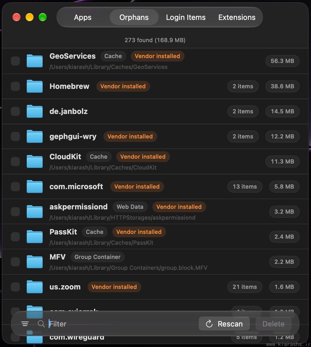 Sweeper's Orphans view showing leftover files from removed apps