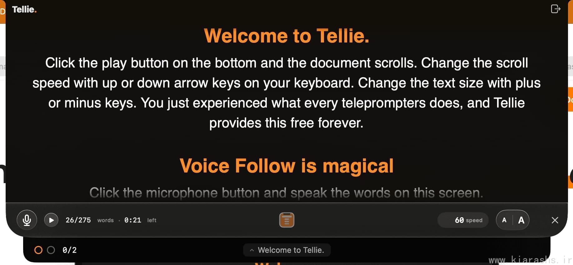 The Tellie prompter open under the MacBook notch mid-take, with the menu bar above it and the spoken word highlighted