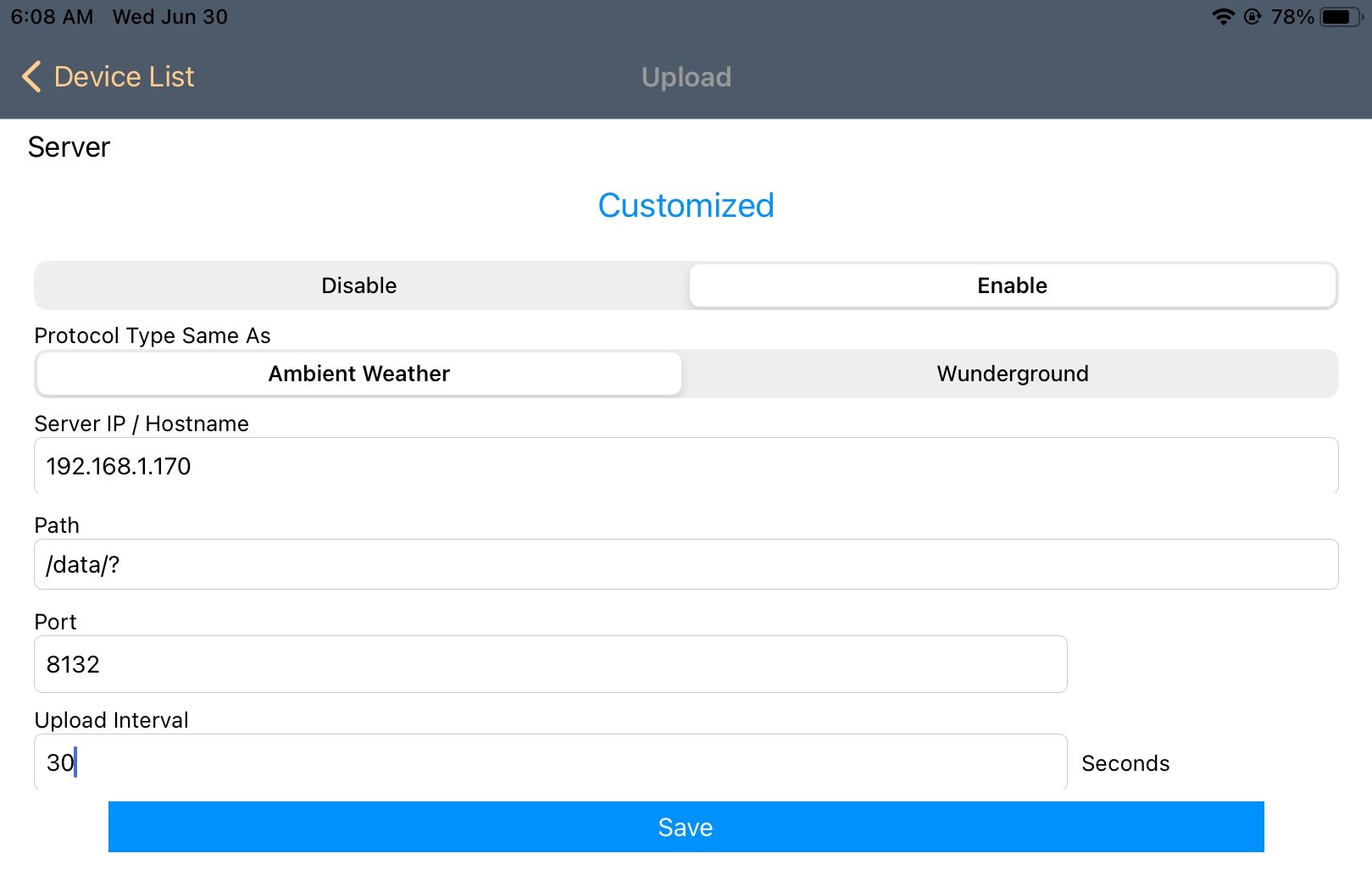 Screenshot of the awnet app showing the fields filled in as described in the previous table