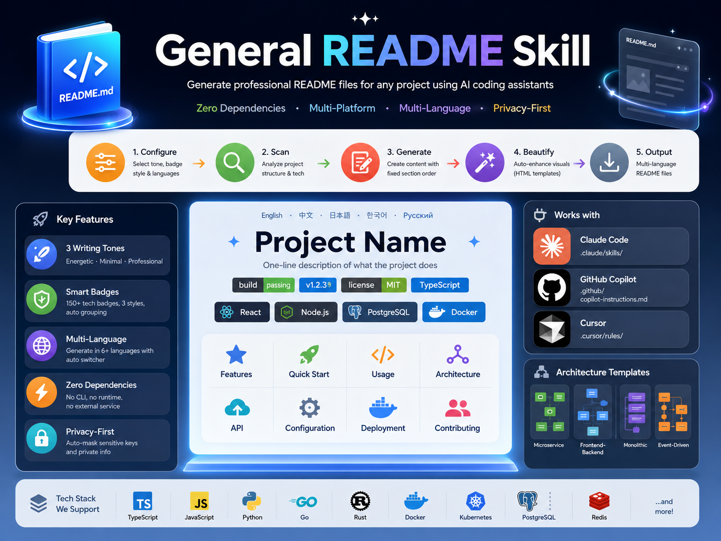 General README Skill — Generate professional README files for any project
