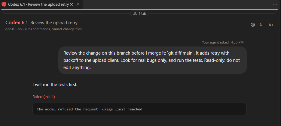 A conversation that failed: its tab stays, marked in red, with the error shown