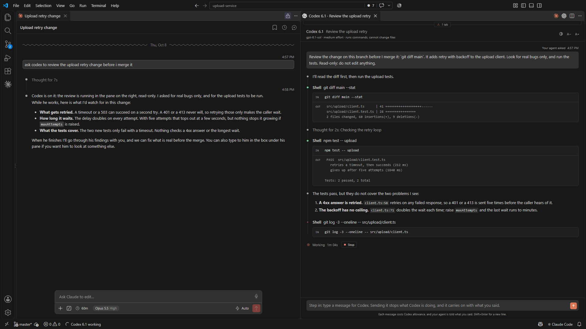Claude Code on the left, and Codex at work on the task it was handed on the right
