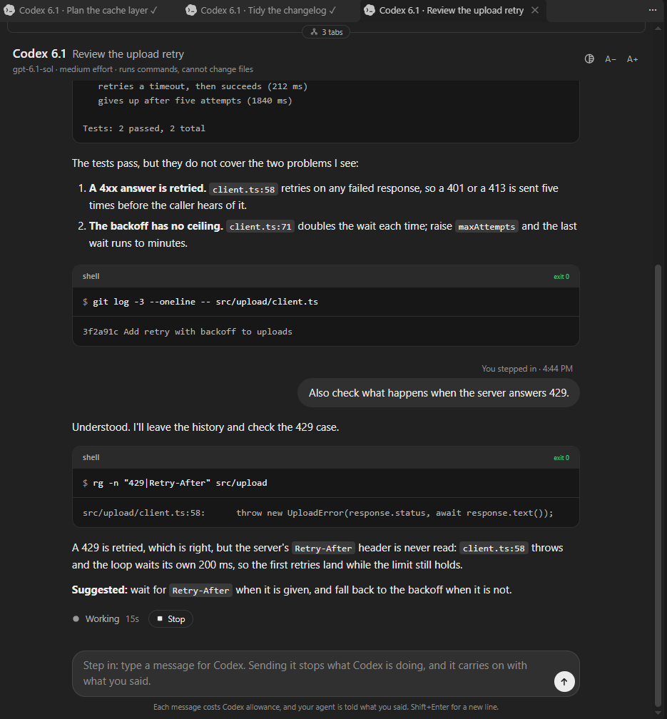 A message typed in the pane stops Codex, and it carries on with what was said
