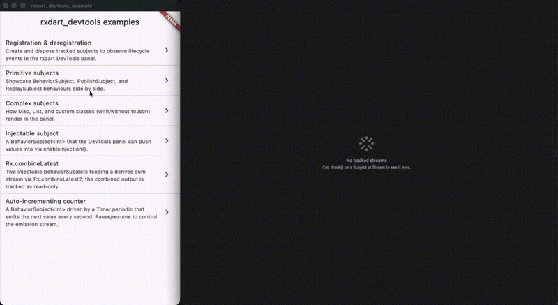 rxdart_devtools panel showing tracked Subjects