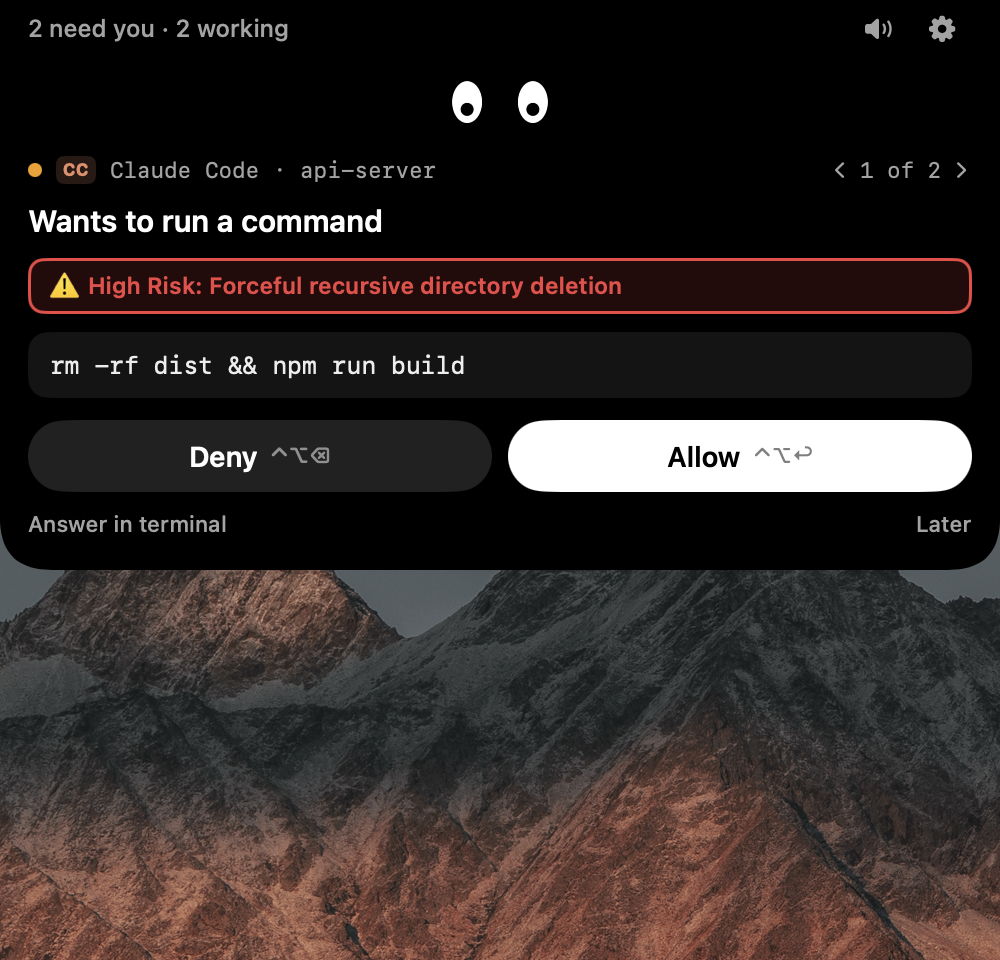 Claude Code asks to run rm -rf with a high-risk warning, with Allow and Deny buttons
