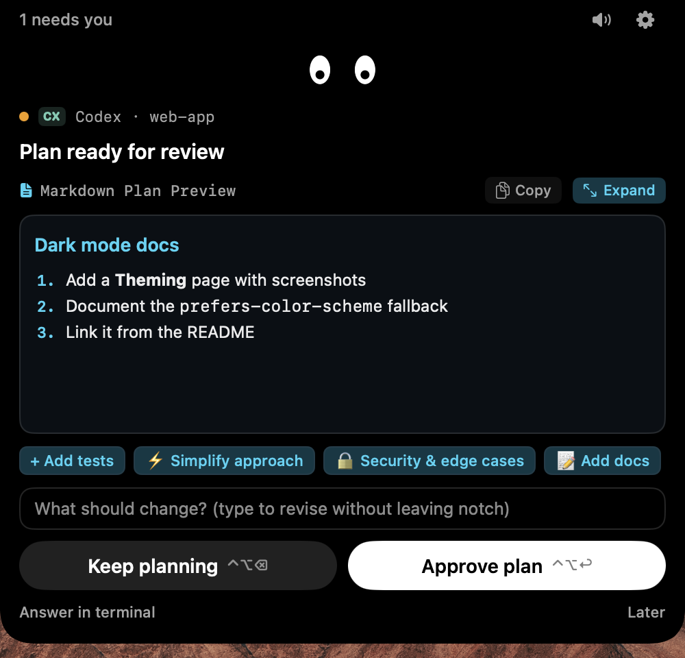Codex plan ready for review with feedback chips and Approve plan