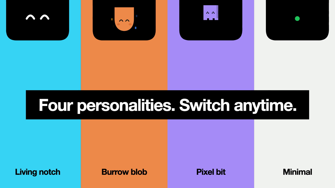 Four personalities side by side: Living notch, Burrow blob, Pixel bit and Minimal