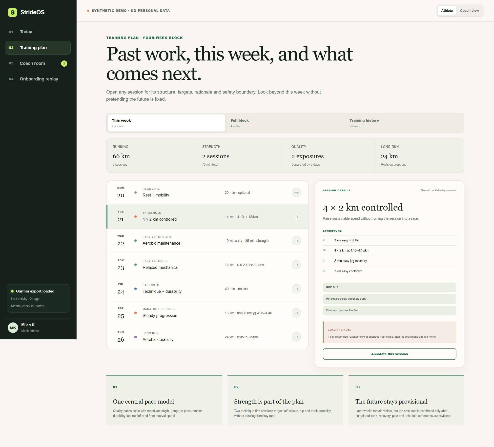StrideOS four-week training plan and detailed session view