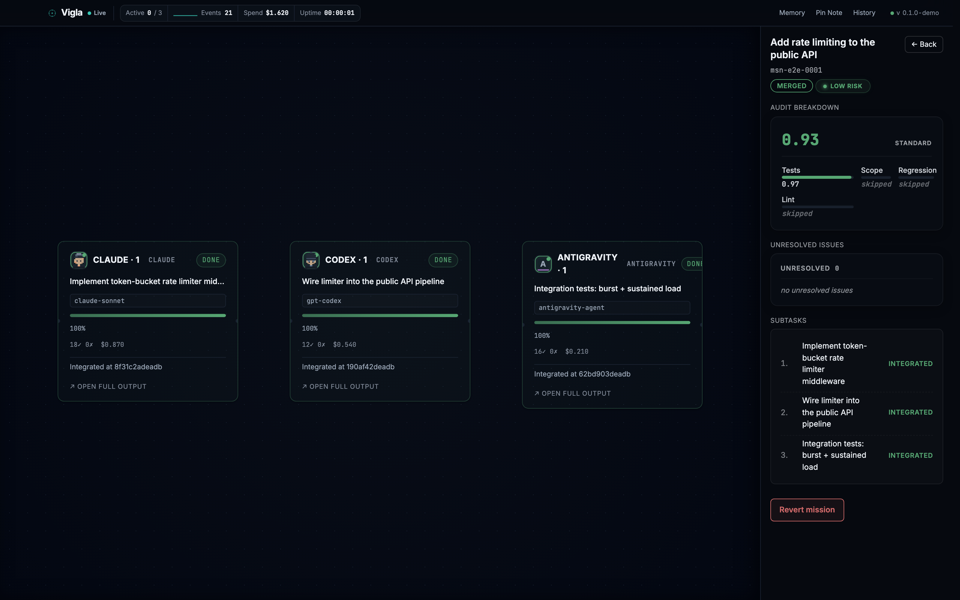 Vigla mission inbox: a merged mission with audit breakdown, subtask status, low-risk verdict, and one-click revert