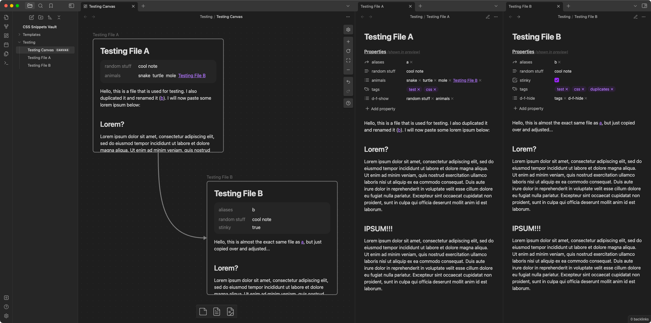 A screenshot showcasing an Obsidian canvas on the left and two generic Markdown files on the right. The files are embedded in the canvas as blocks. Their frontmatter is rendered in the embedded version, but some of their properties are omitted, depending on their respective frontmatter
