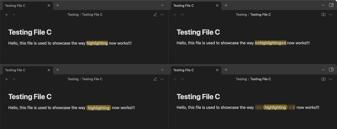A screenshot showcasing a generic Markdown file in obsidian's preview- and edit modes. The highlighted styling is boxy and has no padding. Below, the same file is shown in both modes again, this time with rounded corners and more pleasant padding around the selections