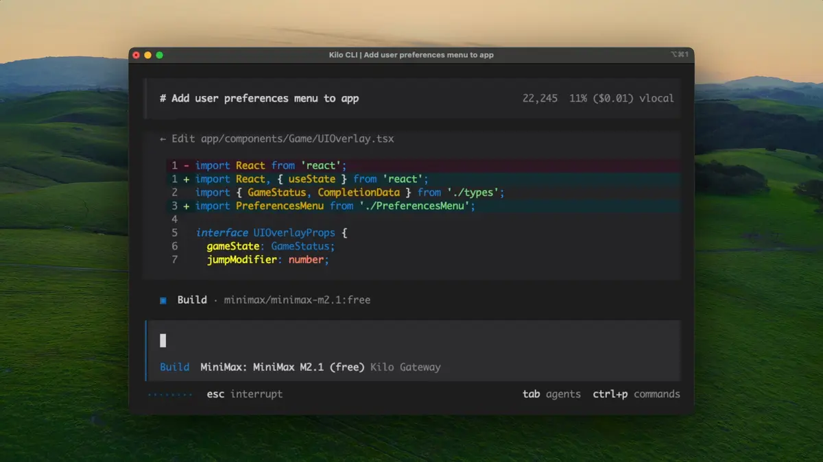 Kilo CLI showing code edits in a terminal