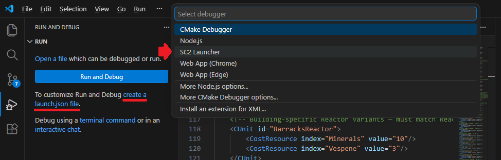 Run & Debug dropdown showing SC2 Launcher