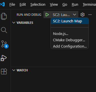 SC2: Launch Map selected in the Run & Debug panel