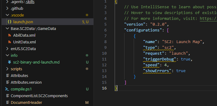 launch.json with SC2 config options