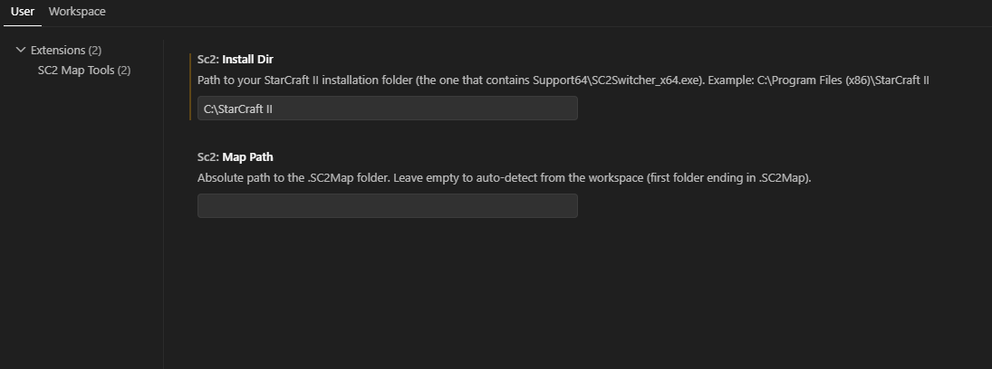 Settings page showing SC2: Install Dir and SC2: Map Path fields