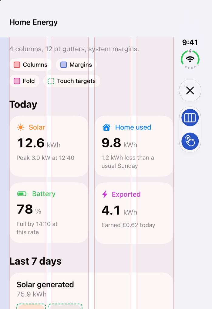 Closed: the energy dashboard on a four-column grid with the margin and touch target overlays