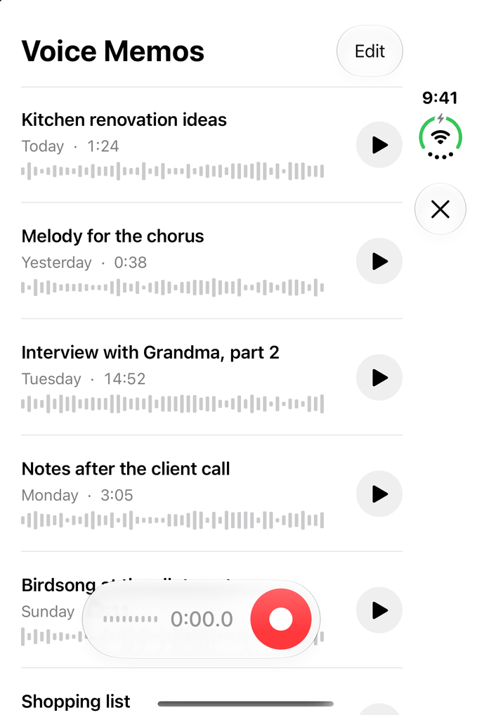 Voice memo list on the closed phone with the record controls at the bottom