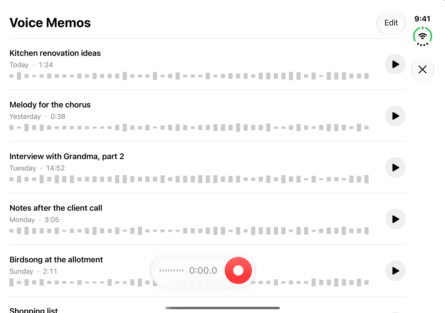 Open: voice memos with the record group bottom centre