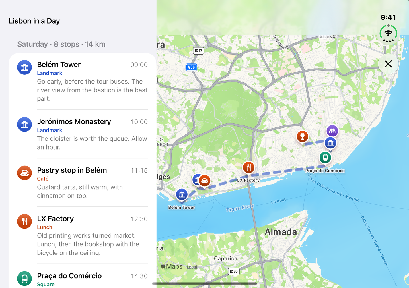 Open: the list of places on the left, the map of Lisbon on the right