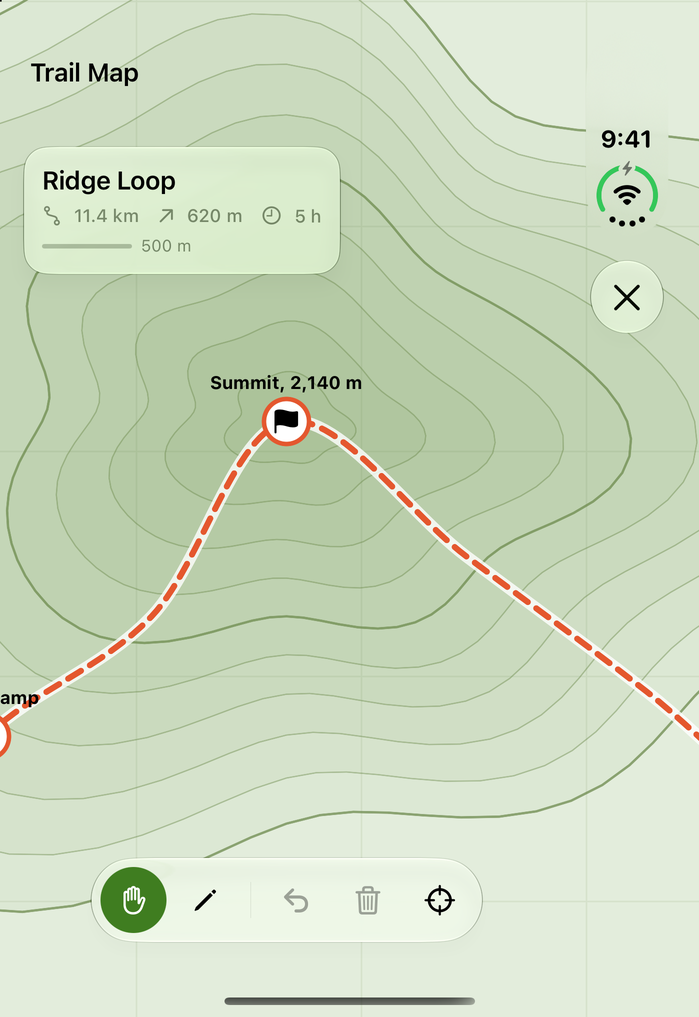 Trail map on the closed phone with the tool palette at the bottom