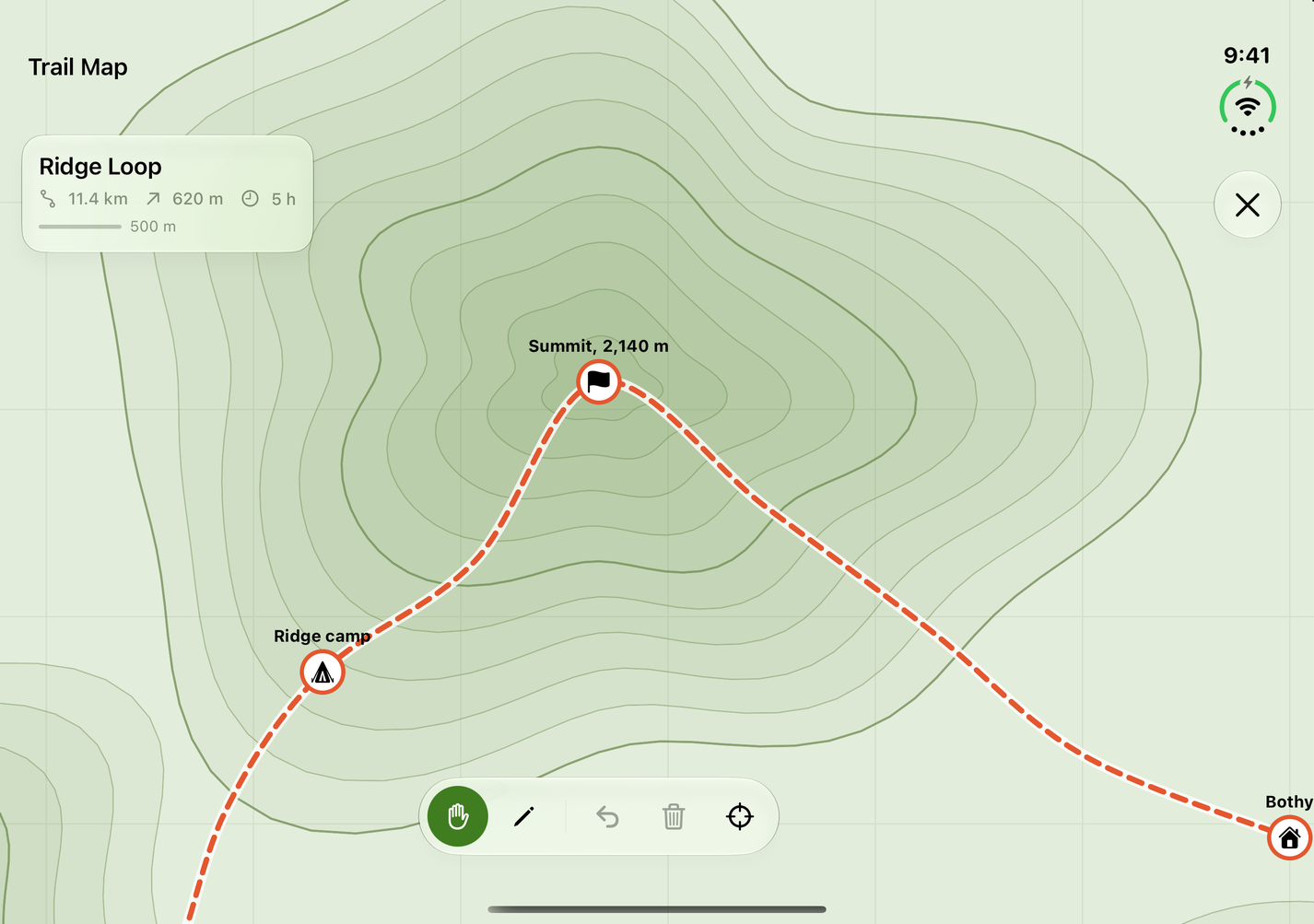 Open: the trail map across the whole display, the palette bottom centre