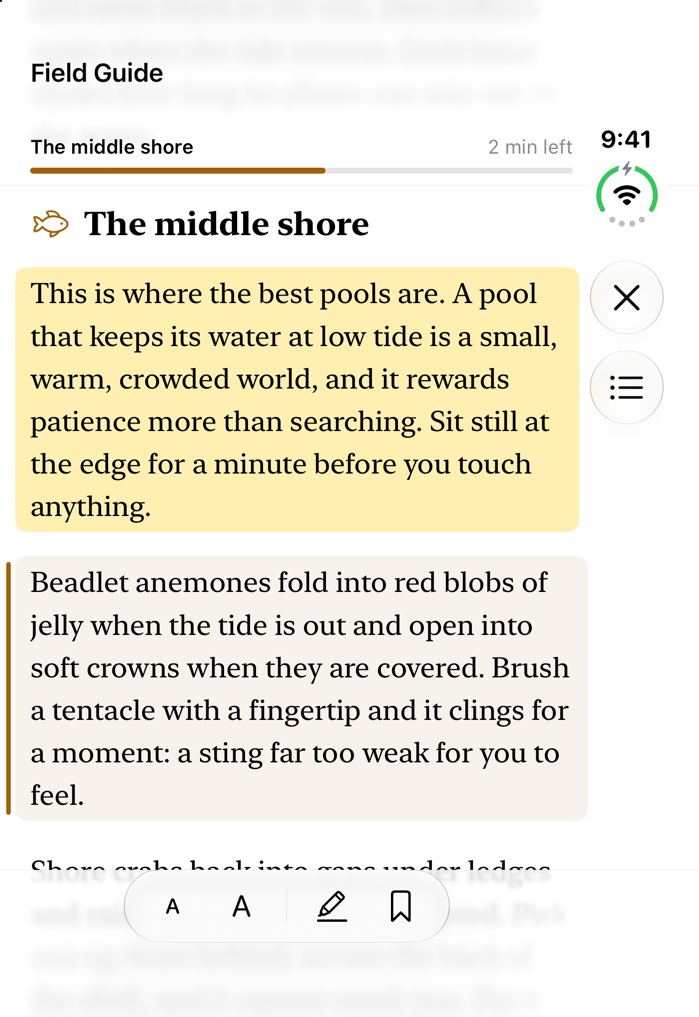 Closed: the rock-pooling guide at The middle shore, one paragraph highlighted and the next selected, reading tools at the bottom