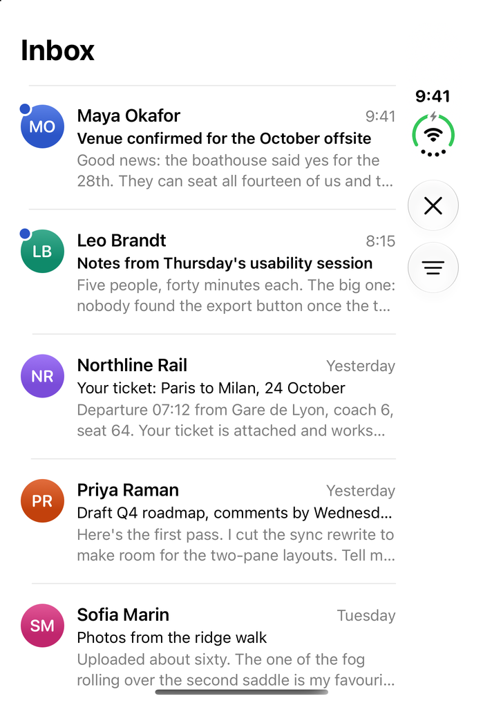 Inbox list on the closed phone, with Close and filter buttons in the vertical bar