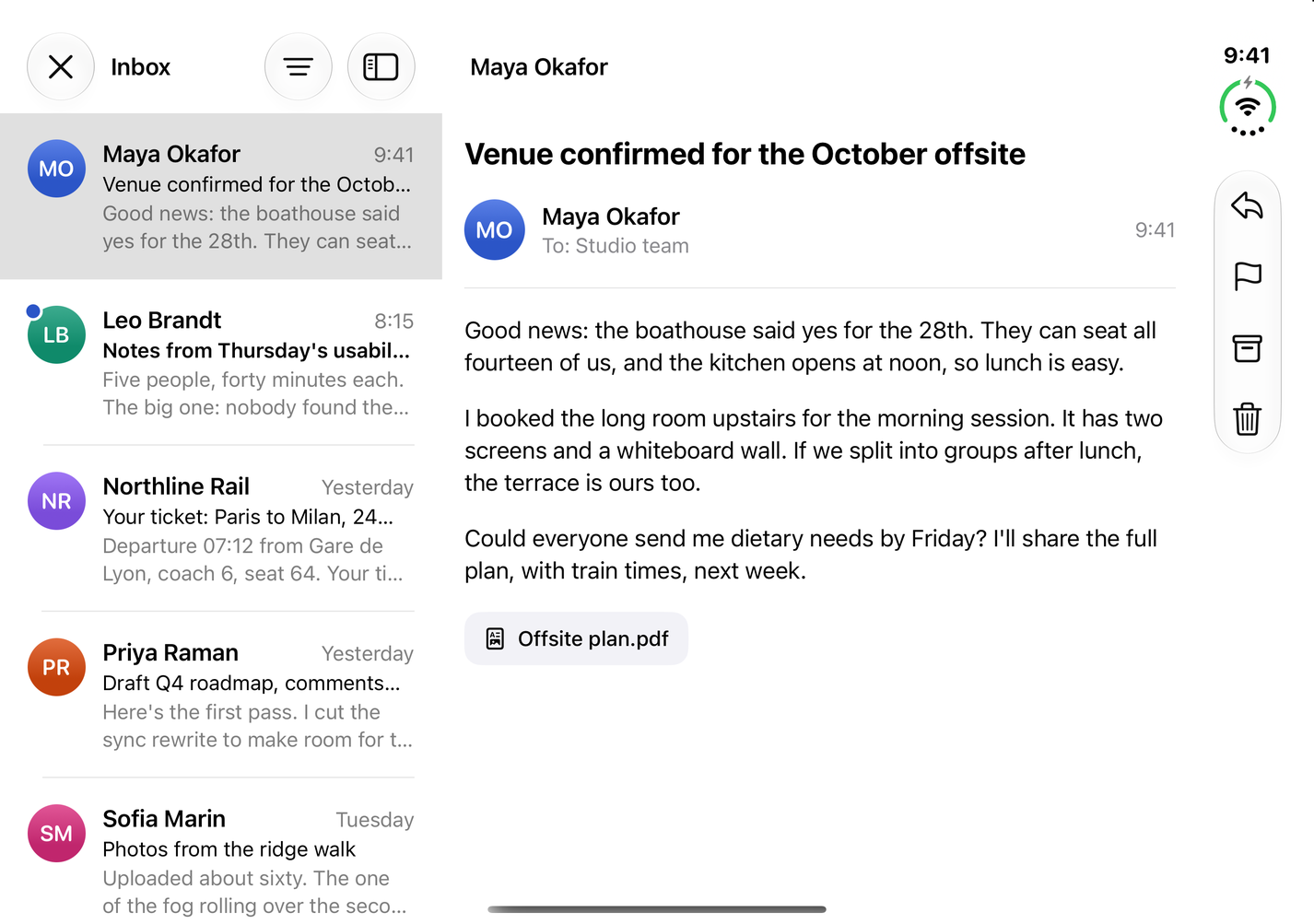 Open: inbox list on the left, a message on the right, message actions in the vertical bar