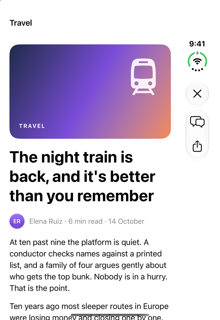 Article on the closed phone, with Discussion and Share in the vertical bar