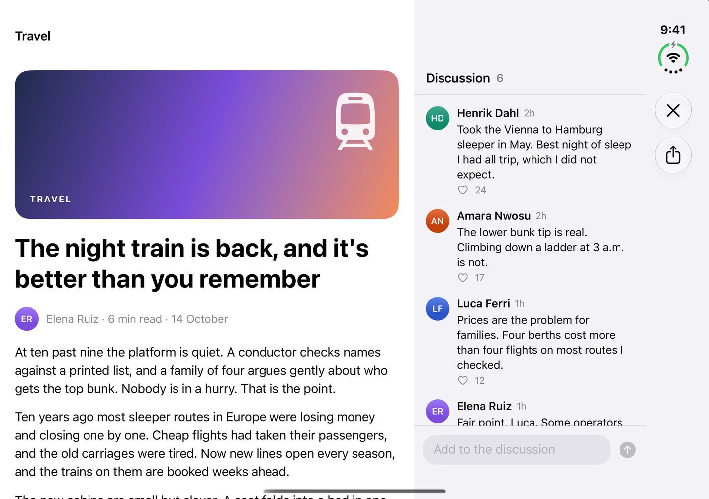 Open: the article with the discussion pane beside it