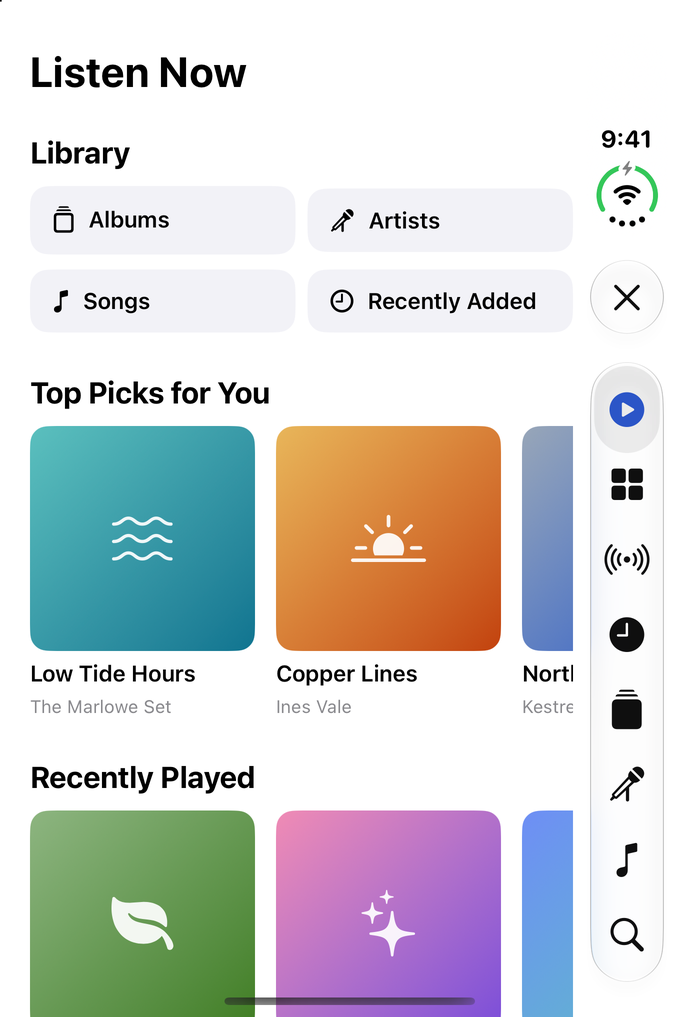 Listen Now on the closed phone with eight tabs in a vertical tab bar