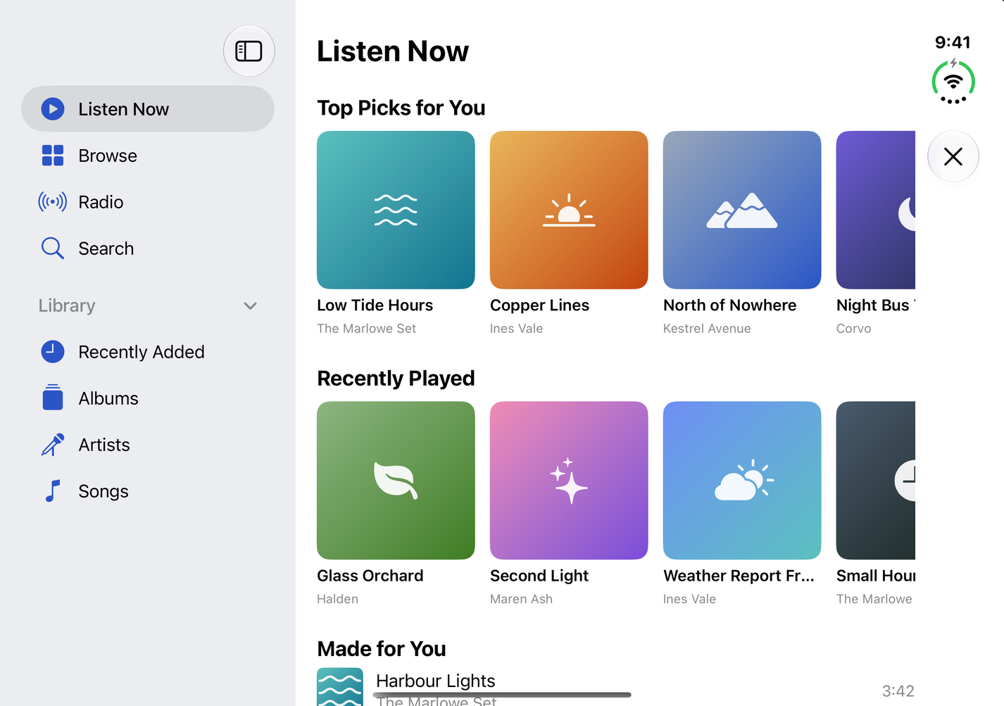 Open: a sidebar with a Library section next to Listen Now
