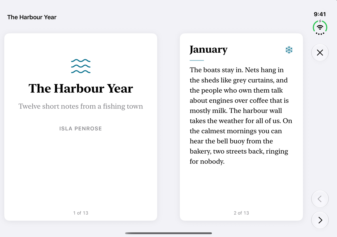 Open: the title page and January as facing pages, the gap on the fold line