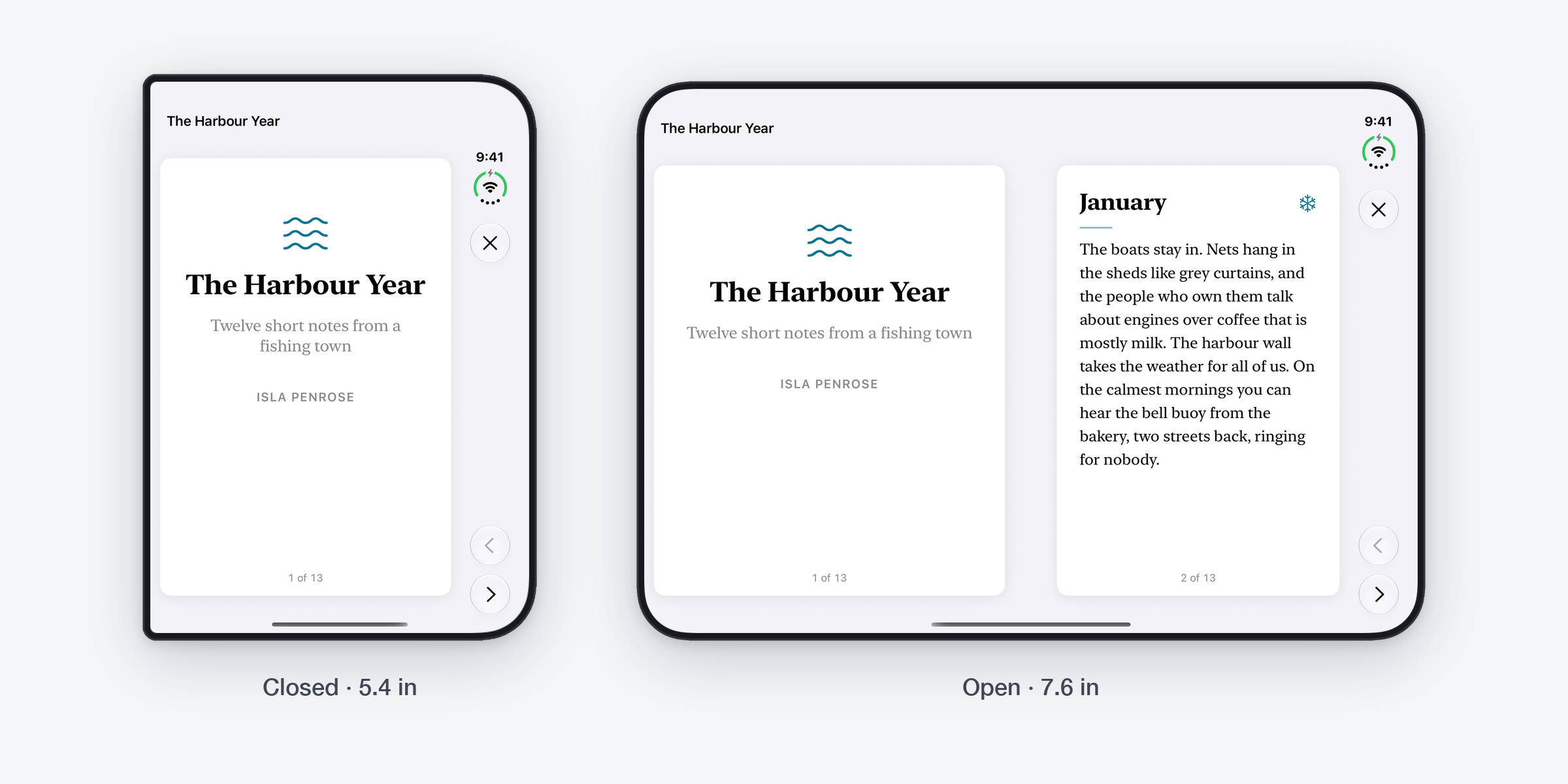 The gallery app's two-page screen on the iPhone Duo simulator: one page on the closed 5.4-inch outer display, two facing pages on the open 7.6-inch inner display