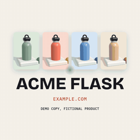 Photo: a flask pulls back, floats with tags, slides from graphite to sky, and four colourways slide past