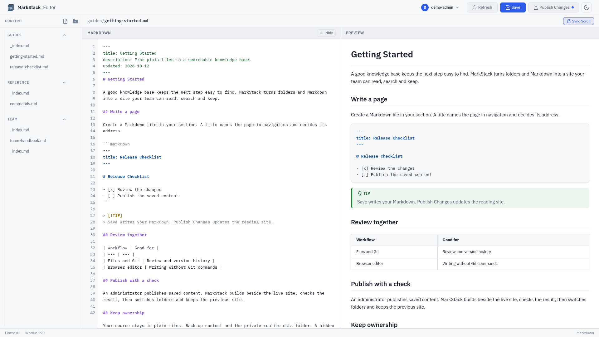 Markdown source and live preview