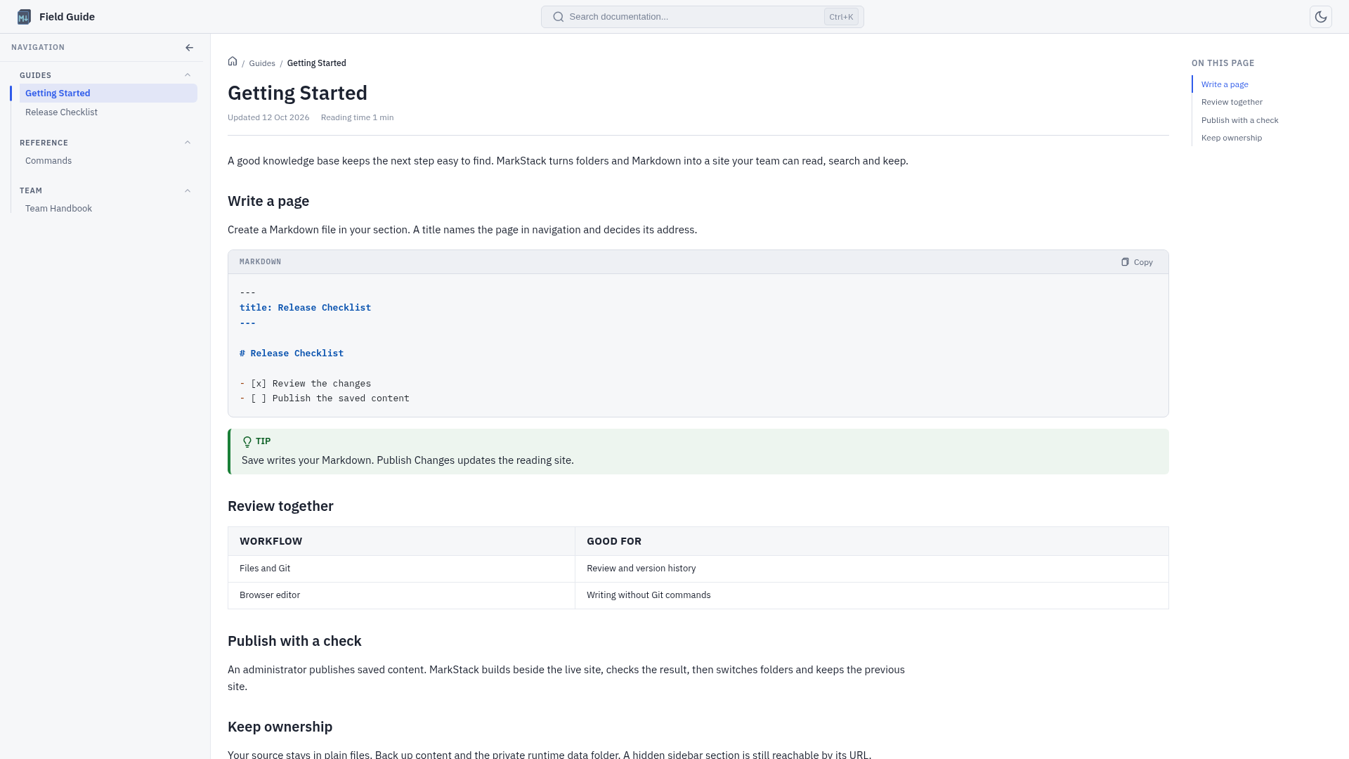 Reading site with synthetic documentation